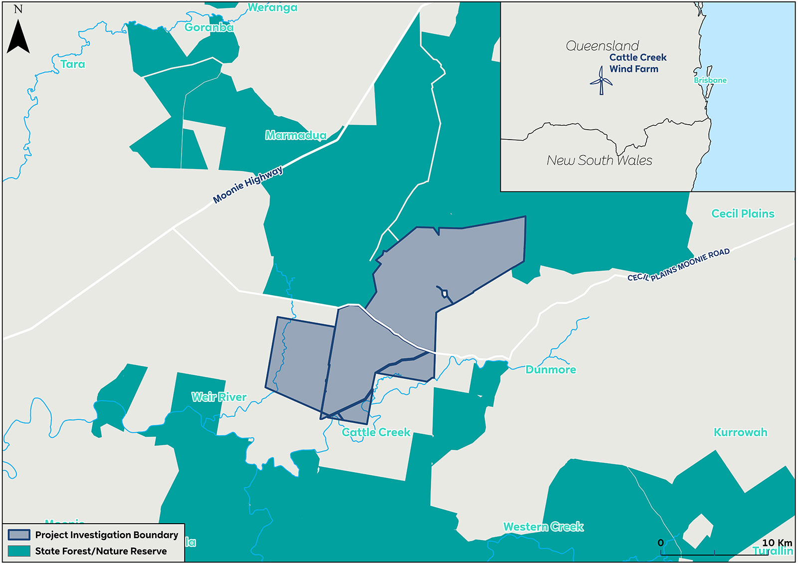 A map showing the Cattle Creek Wind Farm project area in Queensland, Australia, including boundaries and surrounding features.