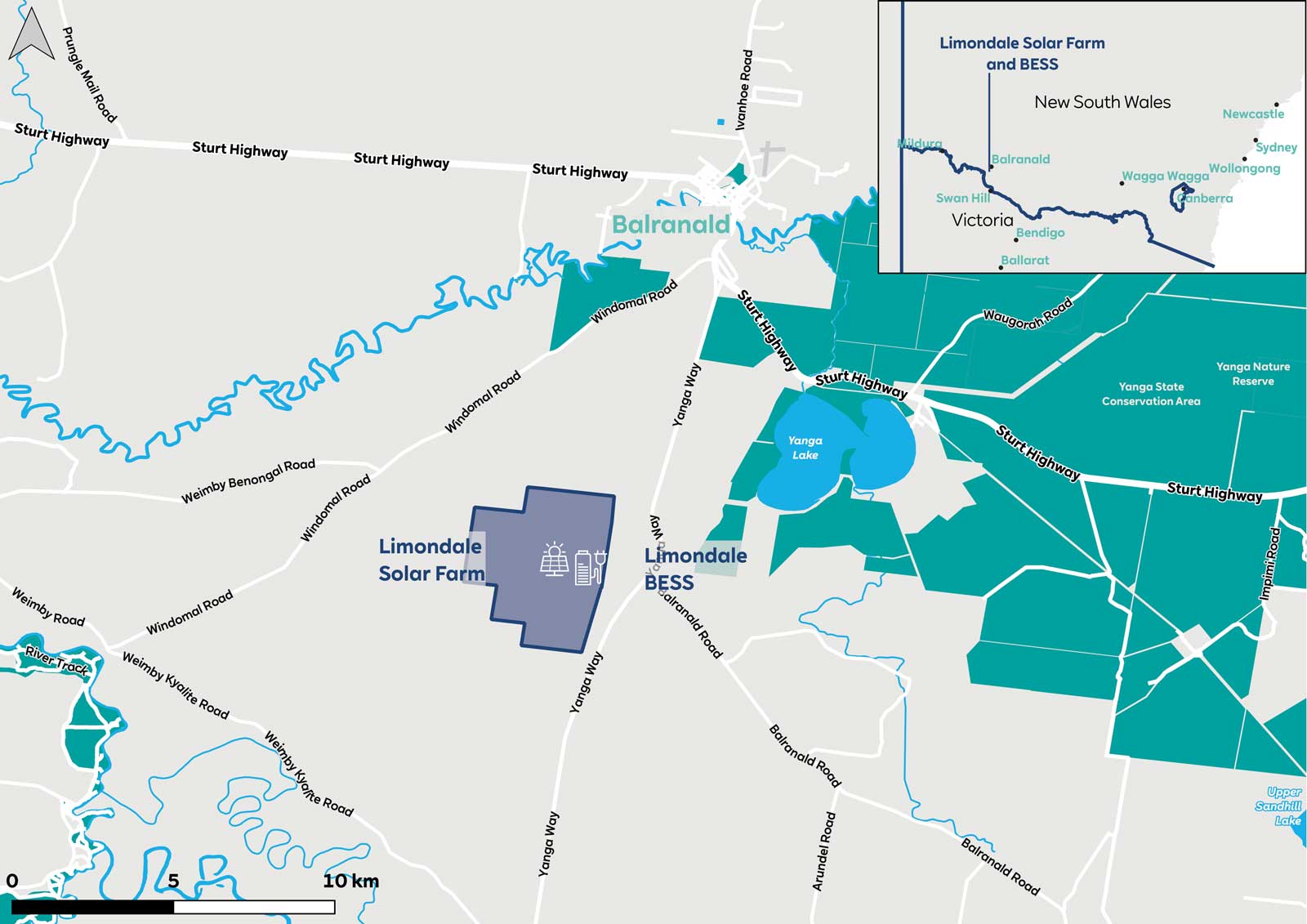 Map showing Limondale Solar Farm, BESS, and surrounding roads in Balranald, New South Wales, with Yanga Lake nearby.