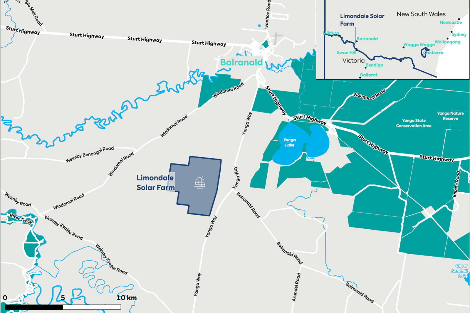 Map highlighting the Limondale Solar Farm near Balranald, New South Wales. Includes nearby lakes and roadways.