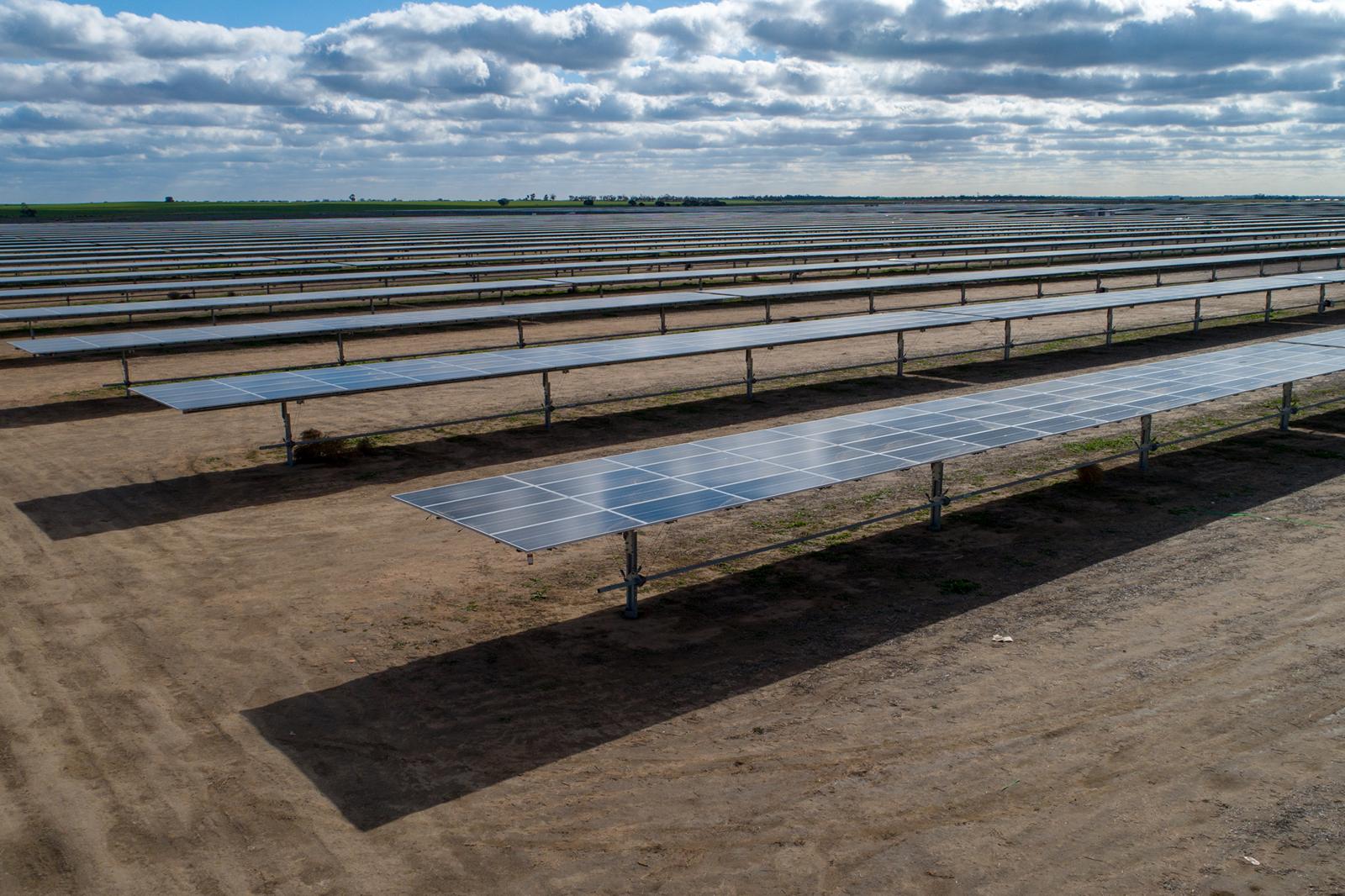 A vast solar farm with numerous solar panels arranged in rows and set against a backdrop of clouds and greenery.