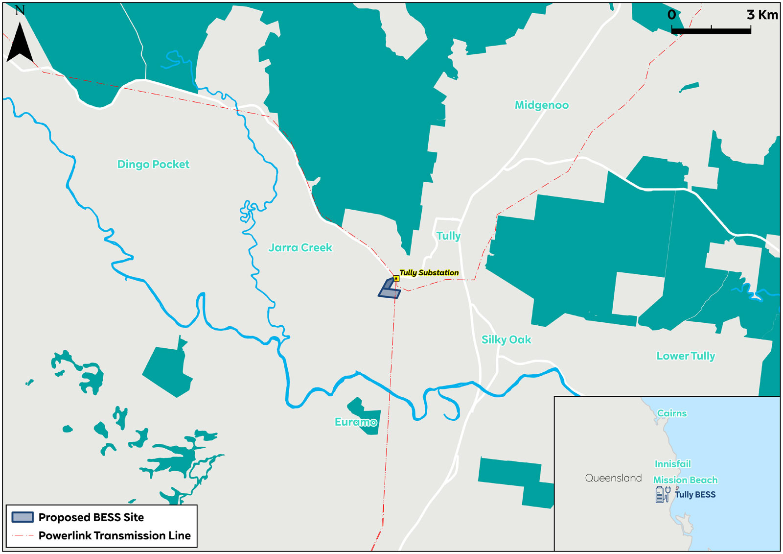 Map showing the project investigation area, transmission lines, and nearby locations including Jarra Creek, Tully, and Walter Hill.